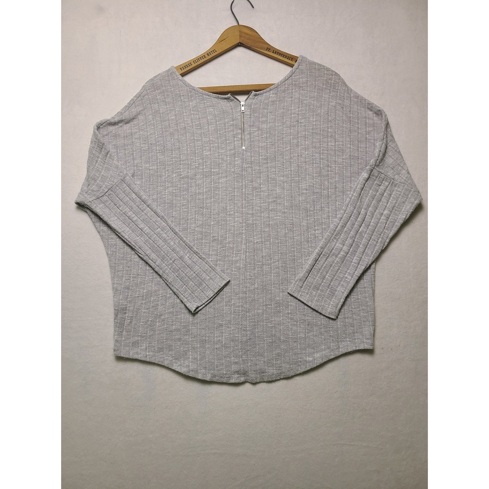 Green Envelope M Top Casual Minimalist Gray Ribbed Knit Long Sleeve Zipper Back